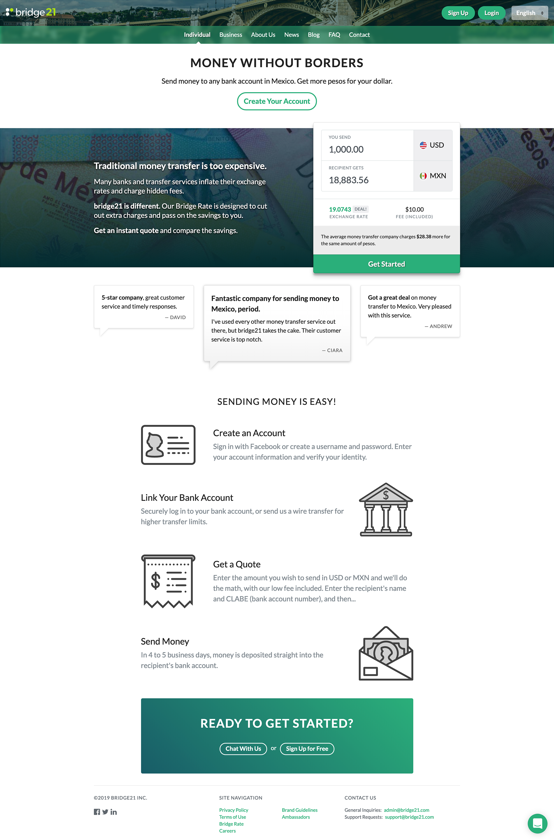 Homepage of bridge21's remittance website. The top section has a large hero section with the text 'Money Without Borders' above a banner with international currency and a currency conversion calculator.
