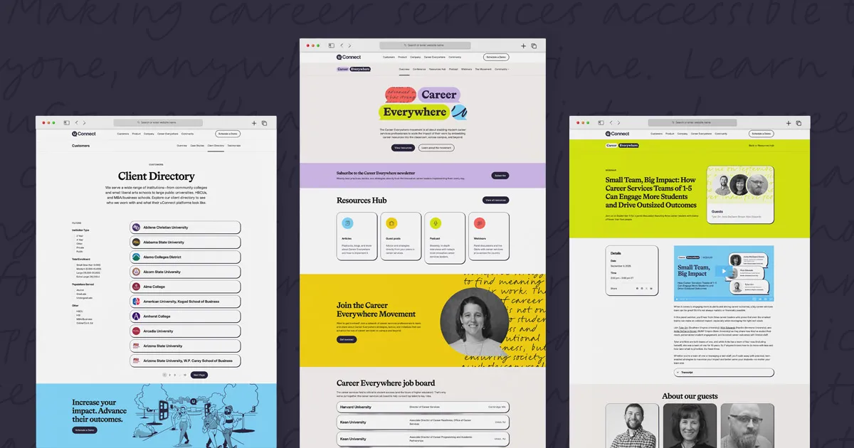 A stylized display of 3 long screenshots of the uConnect marketing website. The screenshots highlight several sections of the website, including the Career Everywhere homepage, client directory, and a webinar post.