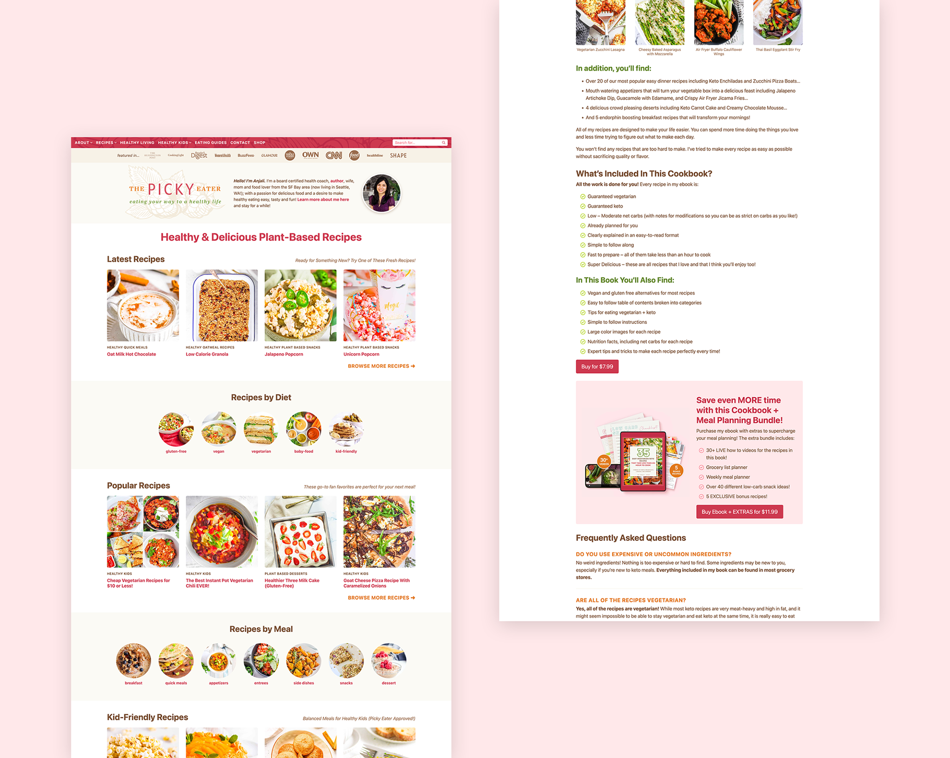 Screenshot of The Picky Eater homepage with many rows of recipe cards and cuisine styles. The design is airy with vibrant pink, orange, and green accent colors.